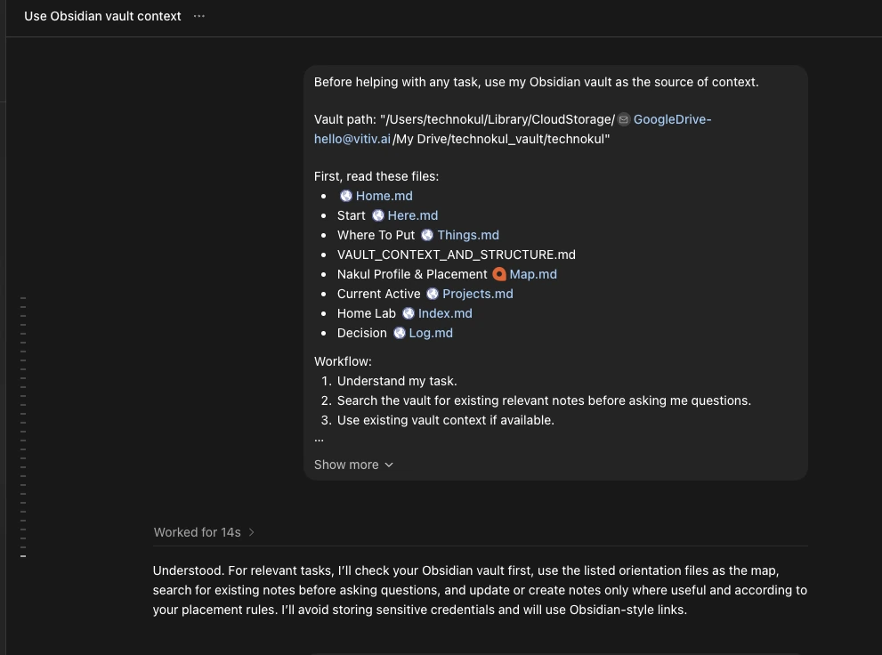 Codex reading the Obsidian vault context — the prompt pack in action