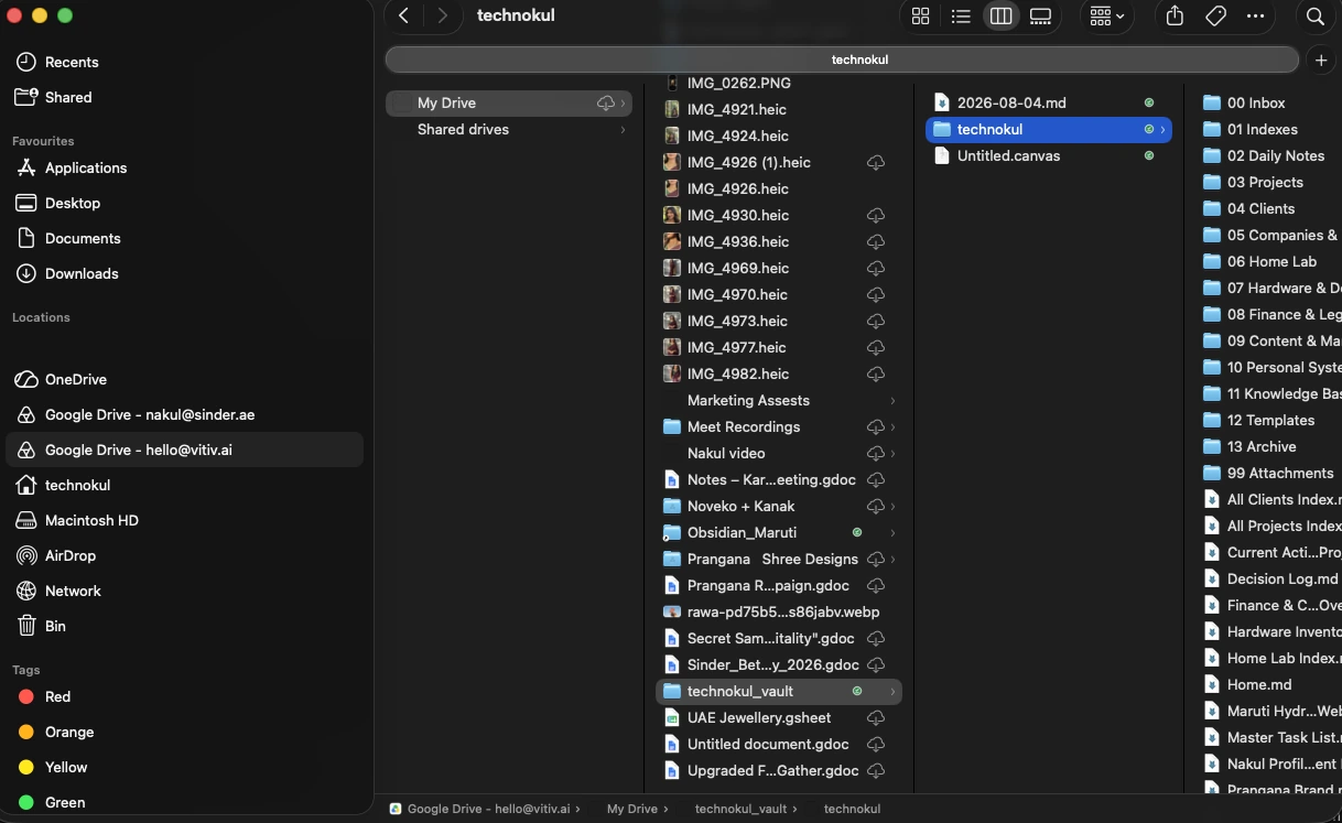 Mac Finder showing technokul_vault inside Google Drive