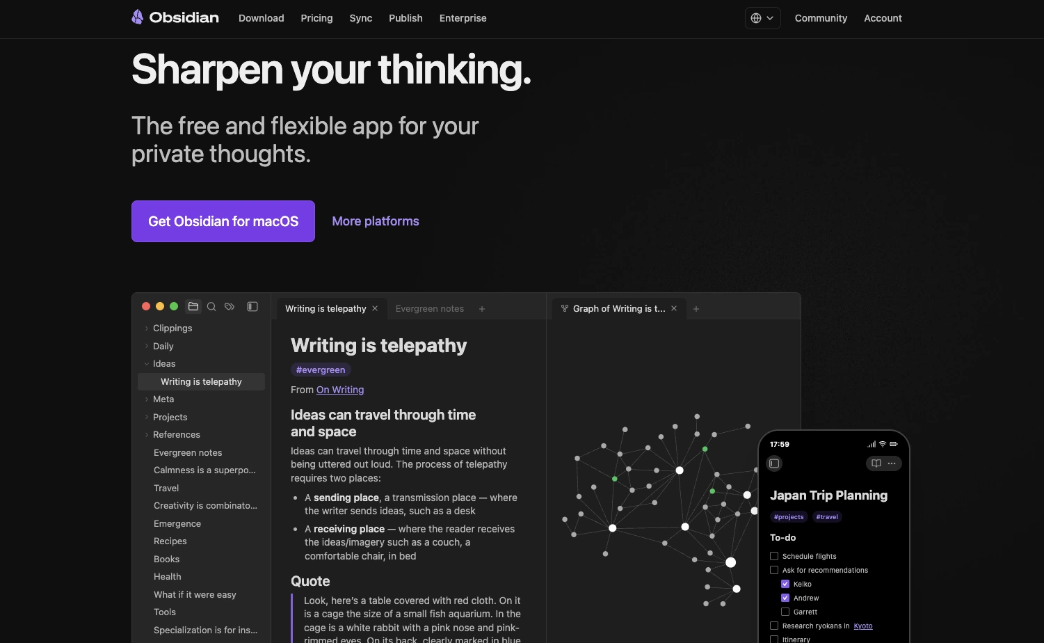 Obsidian app interface — free, local-first note editor for Mac, Windows, and Linux
